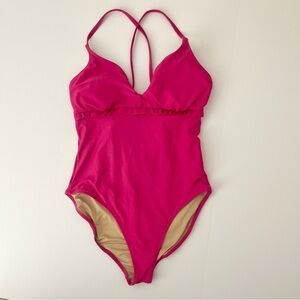 Old Navy V-Neck Ruffle One-Piece Swimsuit Raspberry Tart Pink Sz S